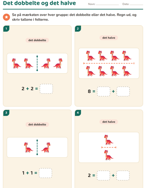 Forhåndsvisning af Det dobbelte og det halve-arbejdsark med Dinosaurer til 1. klasse