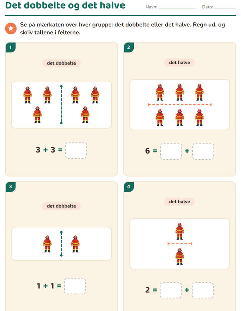 Forhåndsvisning af Det dobbelte og det halve-arbejdsark med Erhverv til 1. klasse