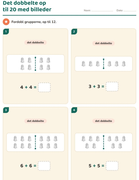 Forhåndsvisning af Det dobbelte og det halve-arbejdsark med Køkken SH til 1. klasse