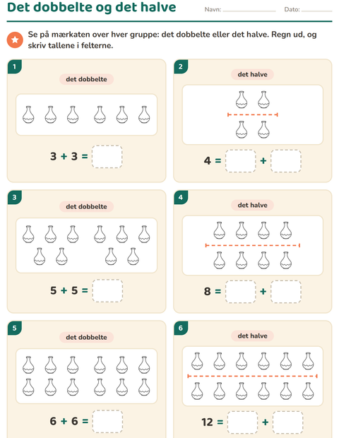 Forhåndsvisning af Det dobbelte og det halve-arbejdsark med Objekter SH til 1. klasse