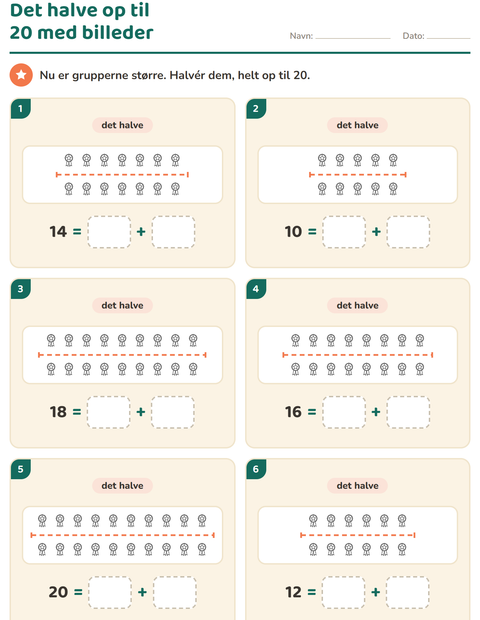 Forhåndsvisning af Det dobbelte og det halve-arbejdsark med Sport SH til 1. klasse