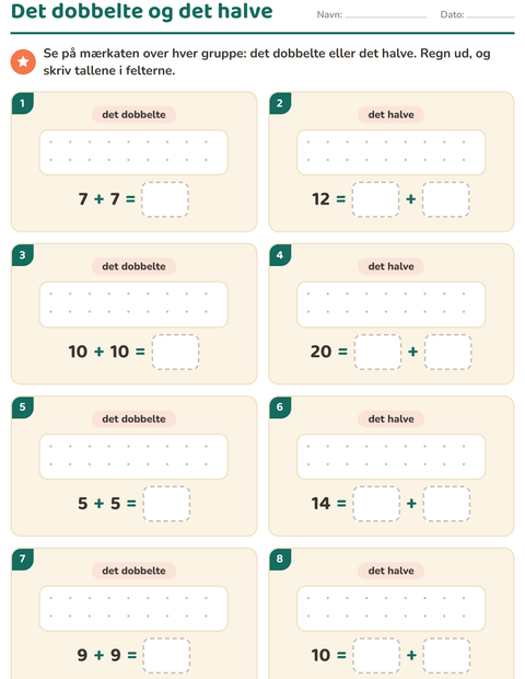 Forhåndsvisning af Det dobbelte og det halve-arbejdsark med 4. juli til 1. klasse