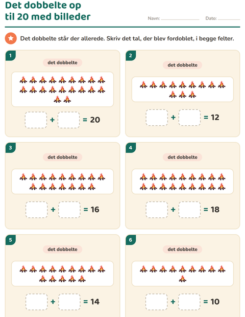 Forhåndsvisning af Det dobbelte og det halve-arbejdsark med Camping til 1. klasse