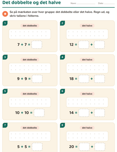 Forhåndsvisning af Det dobbelte og det halve-arbejdsark med Husholdning SH til 1. klasse