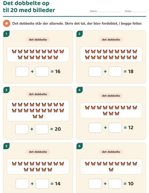 Forhåndsvisning af Det dobbelte og det halve-arbejdsark med Insekter og kryb til 1. klasse