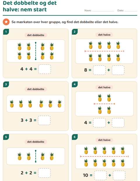 Forhåndsvisning af Det dobbelte og det halve-arbejdsark med Sommer til 1. klasse