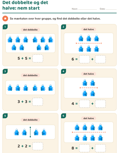 Forhåndsvisning af Det dobbelte og det halve-arbejdsark med Tilbehør til 1. klasse