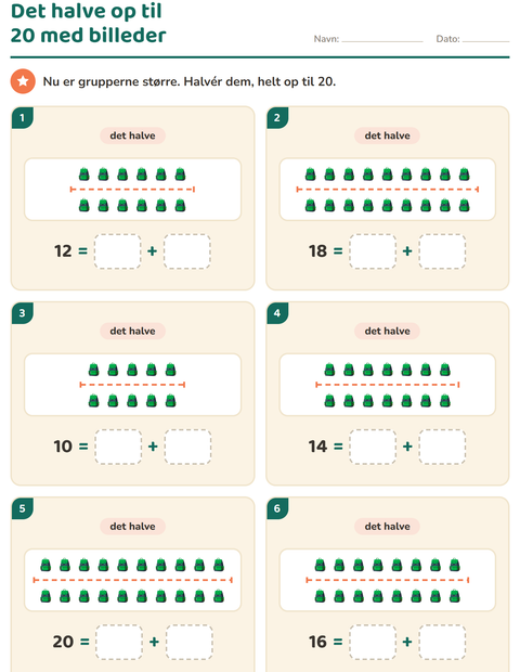 Forhåndsvisning af Det dobbelte og det halve-arbejdsark med Tilbehør til 1. klasse