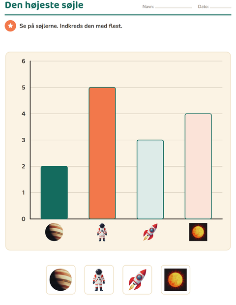 Forhåndsvisning af Diagrammer og data-arbejdsark med Rummet til 1. klasse