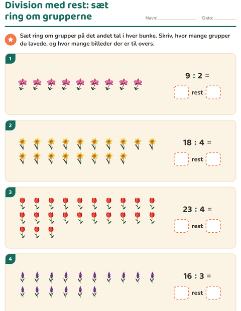Forhåndsvisning af Division med rest-arbejdsark med Blomster til 3. klasse