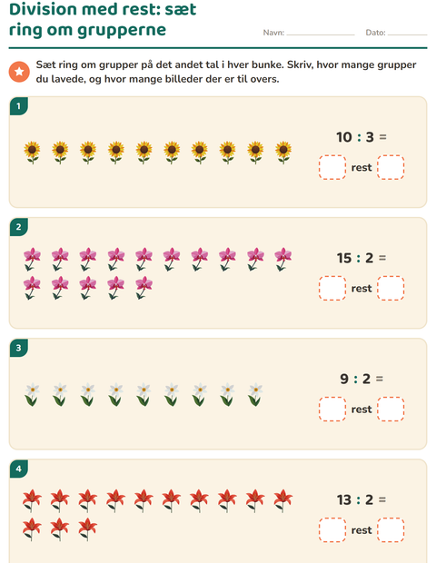 Forhåndsvisning af Division med rest-arbejdsark med Blomster til 3. klasse