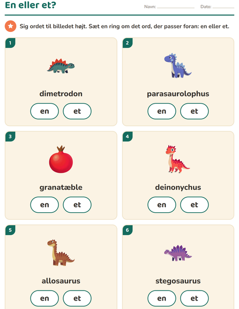 Forhåndsvisning af En eller et-arbejdsark med Dinosaurer til Børnehaveklasse