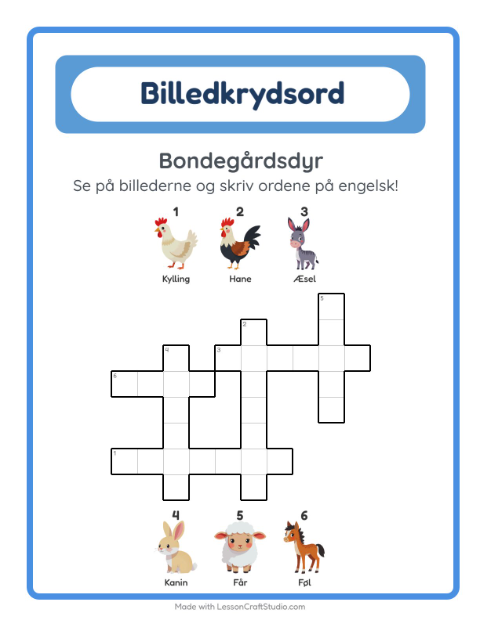 Forhåndsvisning af Lær engelsk: Bondegårdsdyr – krydsord for børn