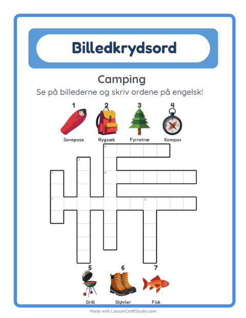 Forhåndsvisning af Lær engelsk: Camping – krydsord for børn