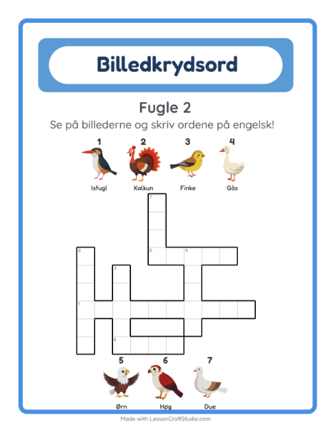 Engelsk billedkrydsord – Fugle 2