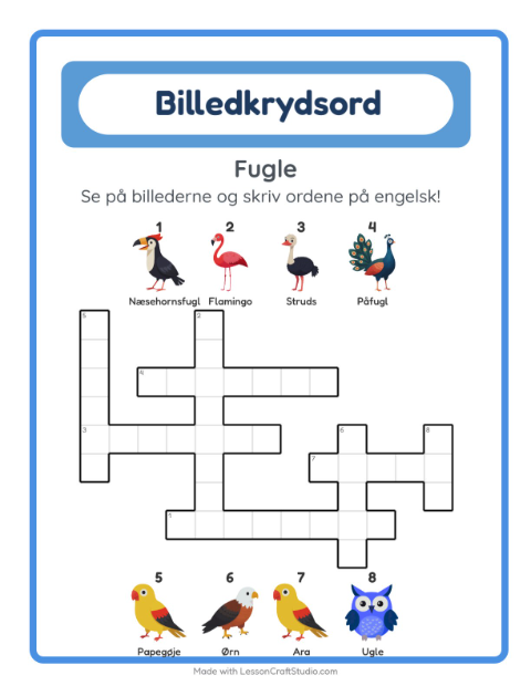 Forhåndsvisning af Lær engelsk: Fugle – krydsord for børn