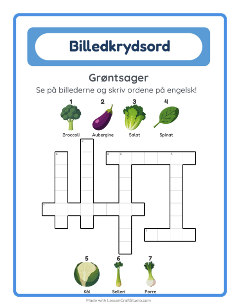 Forhåndsvisning af Lær engelsk: Grøntsager – krydsord for børn