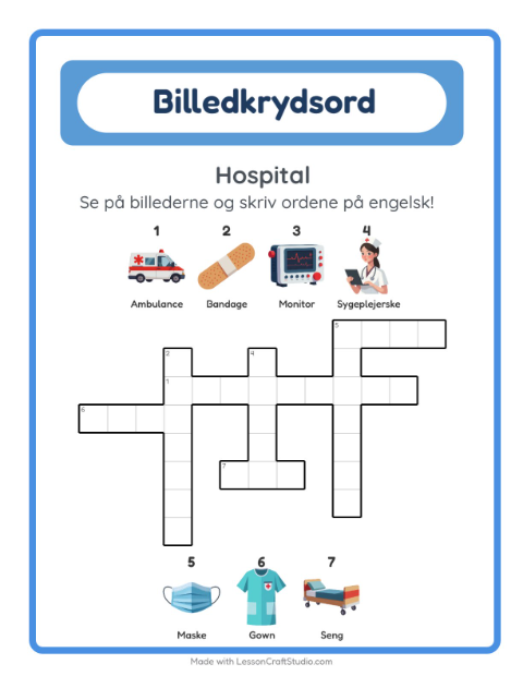 Engelsk billedkrydsord – Hospital