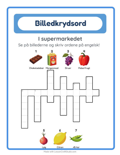 Engelsk billedkrydsord – I supermarkedet