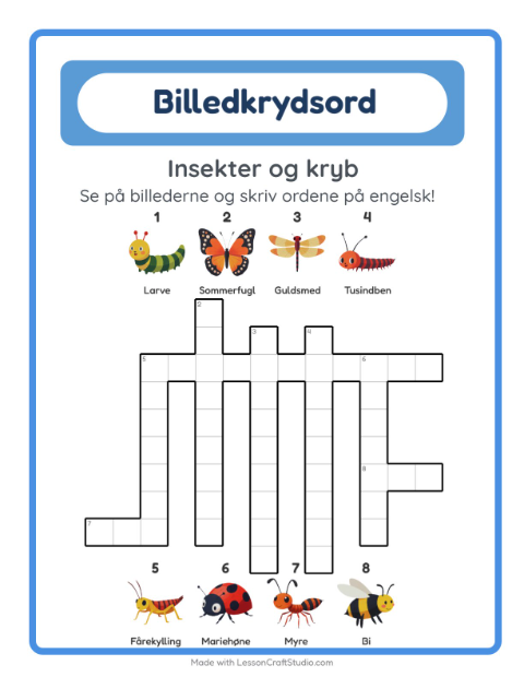 Forhåndsvisning af Lær engelsk: Insekter og kryb – krydsord for børn