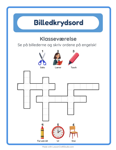 Engelsk billedkrydsord – Klasseværelse