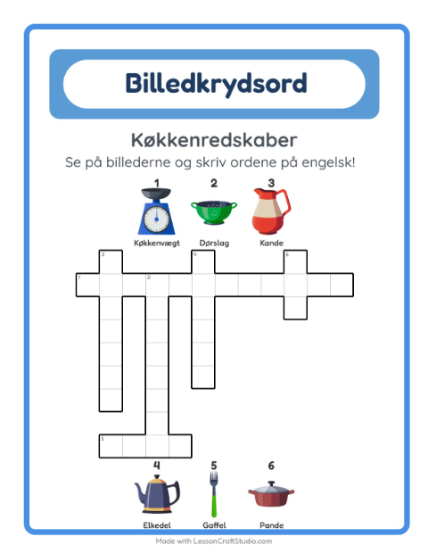 Engelsk billedkrydsord – Køkkenredskaber