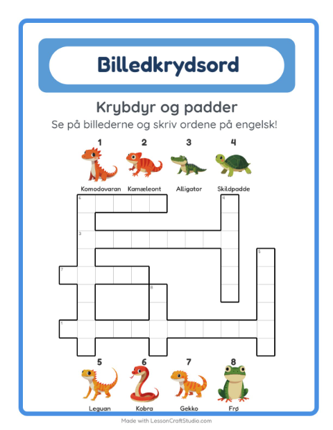 Engelsk billedkrydsord – Krybdyr og padder