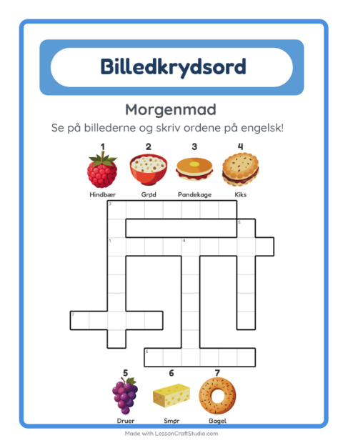 Engelsk billedkrydsord – Morgenmad
