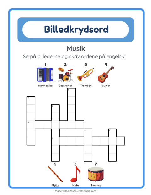 Forhåndsvisning af Lær engelsk: Musik – krydsord for børn