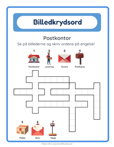 Forhåndsvisning af Lær engelsk: Postkontor – krydsord for børn