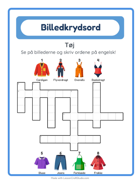 Forhåndsvisning af Lær engelsk: Tøj – krydsord for børn