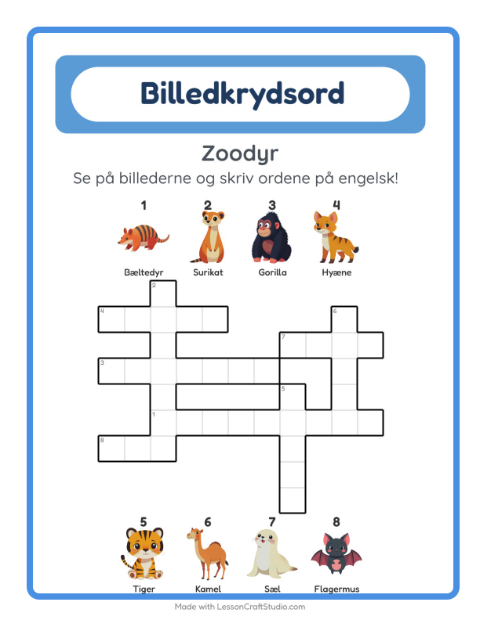 Engelsk billedkrydsord – Zoodyr