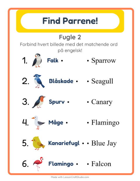Engelsk billedmatch – Fugle 2