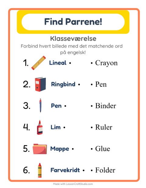 Engelsk billedmatch – Klasseværelse
