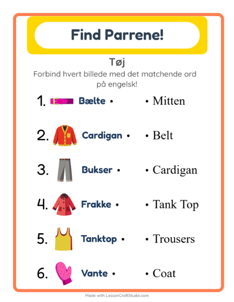 Forhåndsvisning af Lær engelsk: Tøj – billedmatch for børn