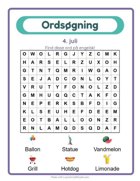 Forhåndsvisning af Lær engelsk: 4. juli – ordsøgning for børn