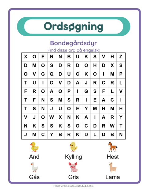 Engelsk ordsøgning – Bondegårdsdyr