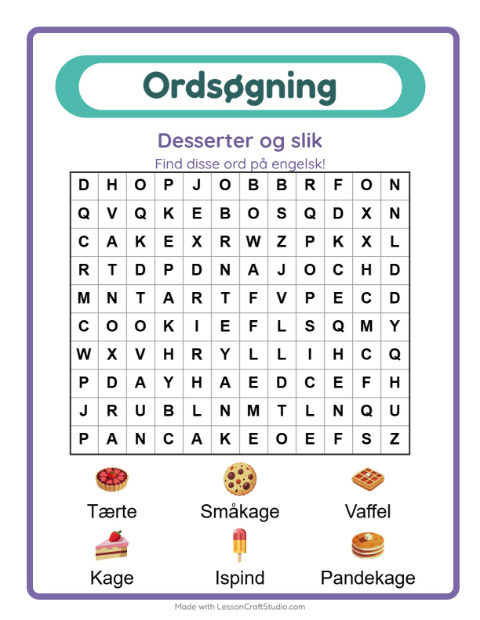 Engelsk ordsøgning – Desserter og slik