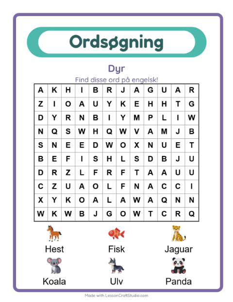 Forhåndsvisning af Lær engelsk: Dyr – ordsøgning for børn