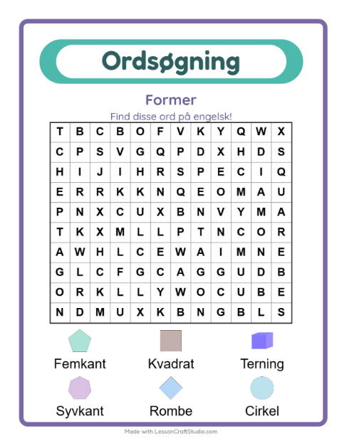 Forhåndsvisning af Lær engelsk: Former – ordsøgning for børn