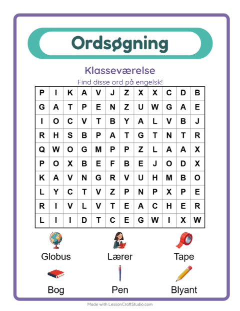 Engelsk ordsøgning – Klasseværelse