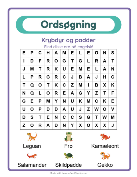 Engelsk ordsøgning – Krybdyr og padder