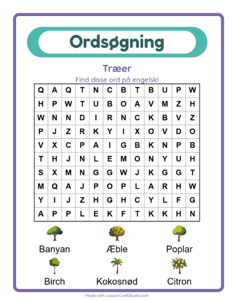 Forhåndsvisning af Lær engelsk: Træer – ordsøgning for børn