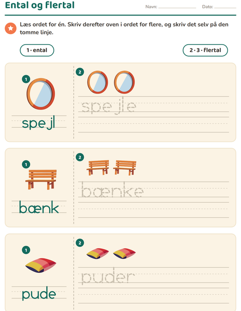 Forhåndsvisning af Ental og flertal-arbejdsark med Møbler til Børnehaveklasse