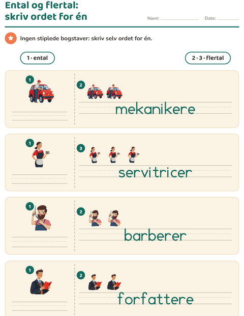 Forhåndsvisning af Ental og flertal-arbejdsark med Erhverv til Børnehaveklasse
