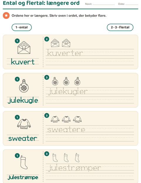 Forhåndsvisning af Ental og flertal-arbejdsark med Jul S/H til Børnehaveklasse