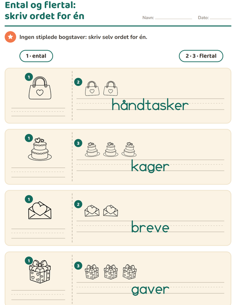 Forhåndsvisning af Ental og flertal-arbejdsark med Valentinsdag SH 2 til Børnehaveklasse