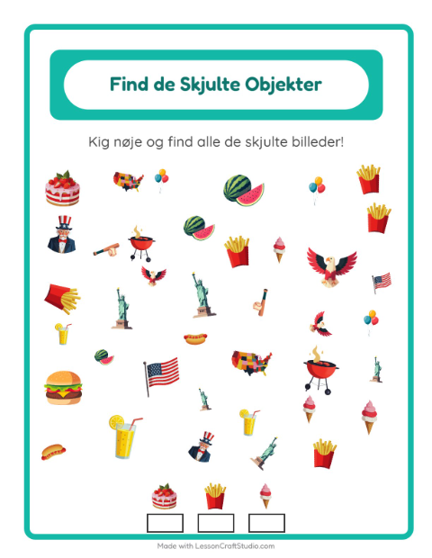 Forhåndsvisning af Find Genstandene-arbejdsark med 4. juli til Børnehaveklasse