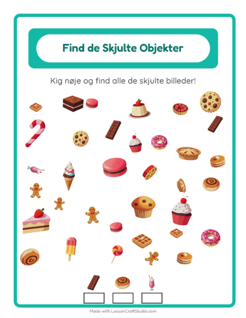 Forhåndsvisning af Find Genstandene-arbejdsark med Desserter og slik til Børnehaveklasse