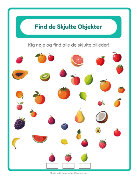 Forhåndsvisning af Find Genstandene-arbejdsark med Frugter til Børnehaveklasse